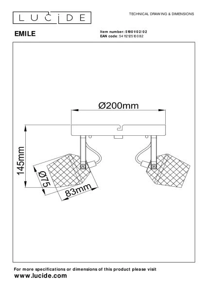 Lucide EMILE - Spot plafond - Ø 20 cm - 2xGU10 - Or Mat / Laiton - technique